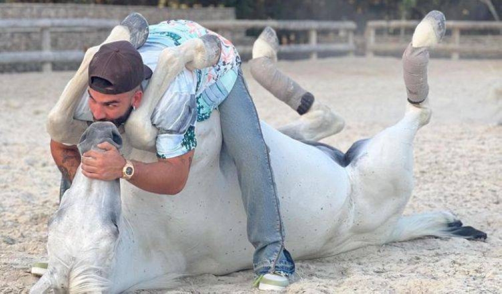 Manuel parece tener un encuentro sugestivo con este ejemplar equino, pero en realidad trata de mostrar la confianza de los animales a través de un buen trato.,image_description: