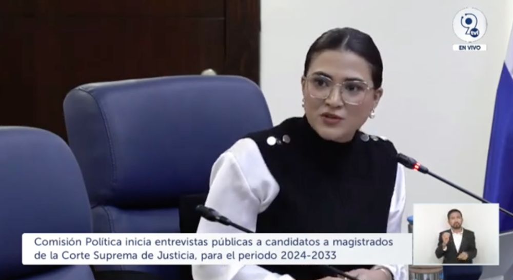 La diputada Alexia Rivas, de Nuevas Ideas, consultó sobre la depuración judicial. / Imagen de video de Asamblea.,image_description: