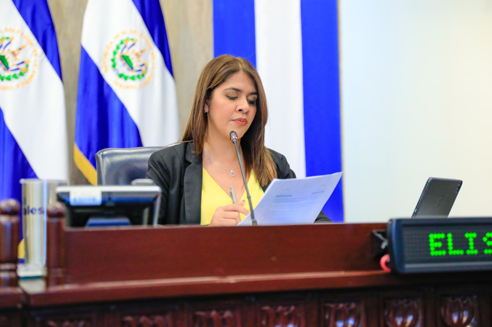 La diputada Elisa Rosales, de Nuevas Ideas, leyó las dos solicitudes de Hacienda divulgadas esta mañana, después de su aprobación. / AsambleaSV,image_description: