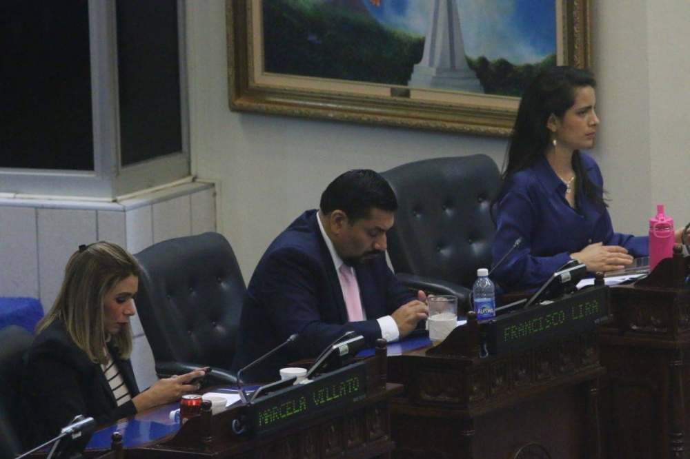 Los tres diputados de oposición Marcela Villatoro, Francisco Lira y Claudia Ortiz. / Lisbeth Ayala.,image_description: