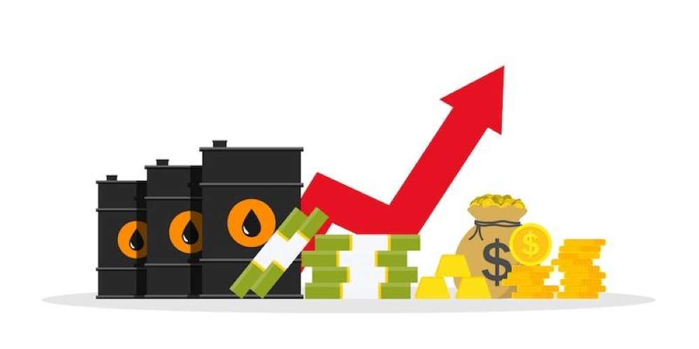 Precios más altos del petróleo afectan al conjunto de las materias primas, lo que explica en parte que la bajada de la inflación se estanque desde principios de año.,image_description:High oil price. Inflation of crude barrel. Graph with increase of economy crisis. Infographic with cost petrol. Growth of price for petroleum. Gas world stock market. Vector