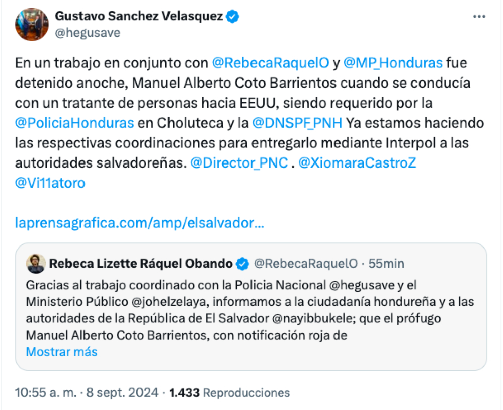 El secretario de Estado de Seguridad de Honduras informó de la captura del gerente general de Cosavi y a la vez retomó una noticia de julio sobre su captura en Panamá.