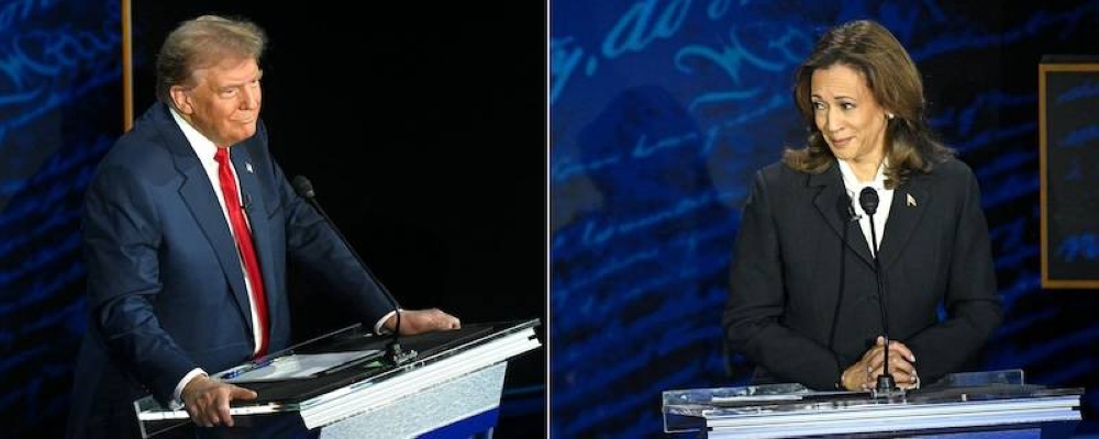 Una combinación de fotos del debate del pasado martes 10 de septiembre entre el expresidente y candidato republicano, Donald Trump izq y la vicepresidenta y candidata demócrata, Kamala Harris en el National Constitution Center in Filadelfia, Pensilvania/ AFP,image_description: