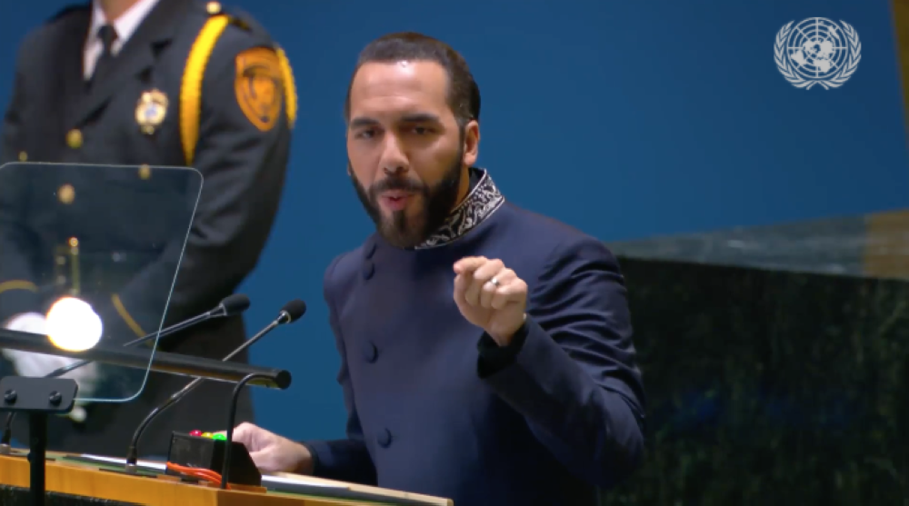 Nayib Bukele, presidente salvadoreño en el 79 periodo de sesiones de las Naciones Unidas. / Imagen de video de NU.,image_description: