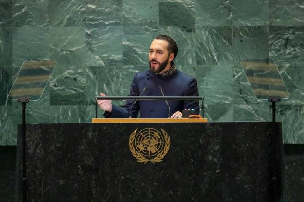 Nayib Bukele, presidente salvadoreño, en la Asamblea General de la ONU, 24 de septiembre de 2024. / PresidenciaSV.,image_description: