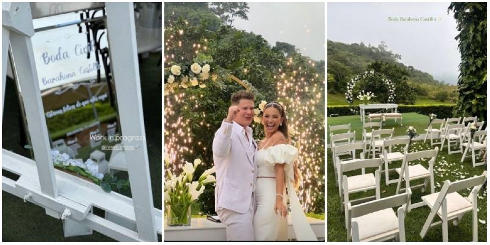 Algunos detalles del jardín donde se realizó la boda civil y la feliz pareja de recién casados. / Tomados de Instagram.