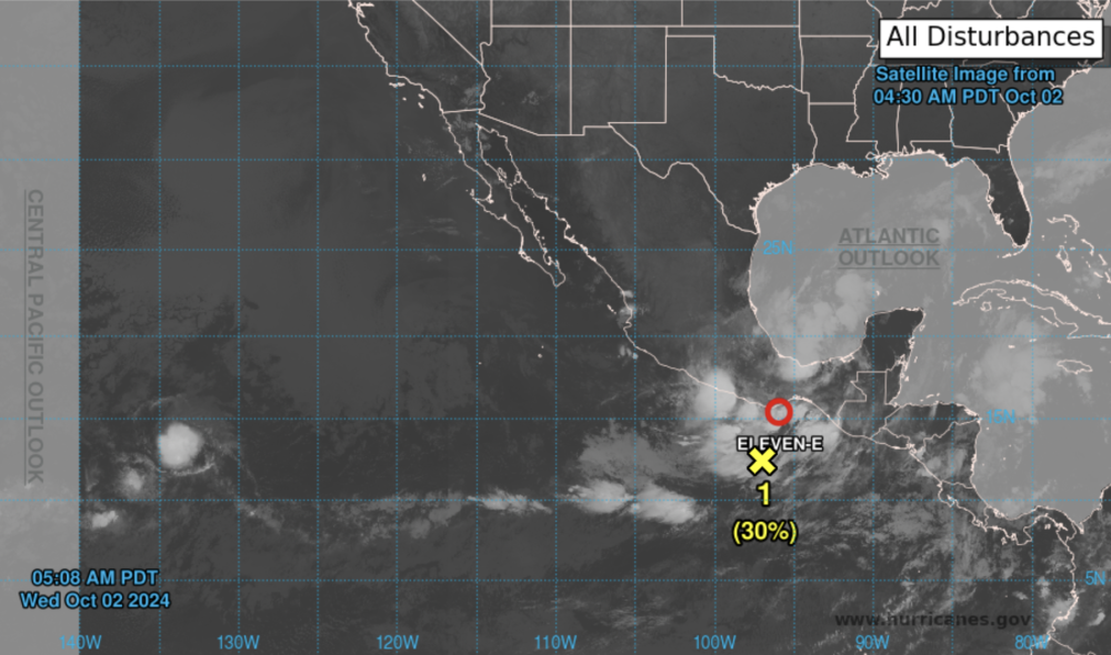 La depresión tropical 11 E se ubica en el Océano Pacífico. / Centro Nacional de Huracanes. ,image_description: