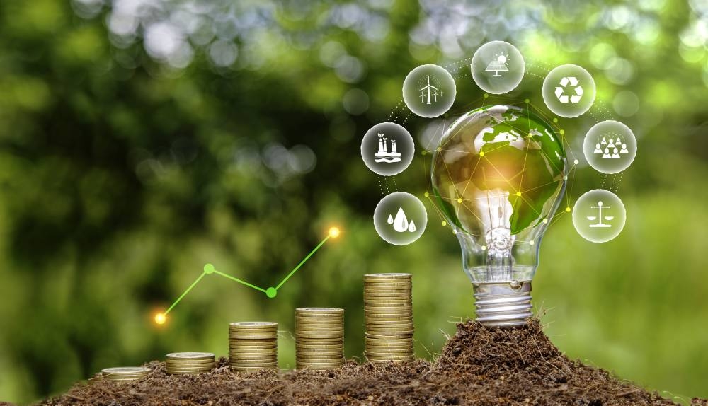 Bancoagrícola proyecta que, para 2030, un 70  de los desembolsos serán orientados en la sostenibilidad. /Cortesía,image_description:Green tree growing on pile of gold coins. light bulb on green nature background green energy icon around it. Investing in the environment, society, governance. ESG Investing in the industrial.