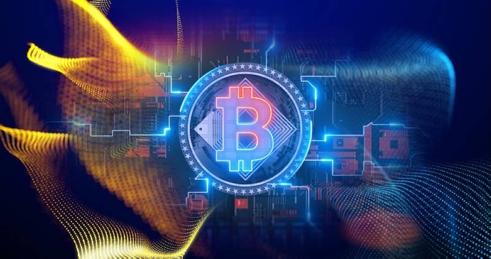 El bitcoin se ha convertido en un tema de debate electoral en EEUU.,image_description:Cryptocurrency Bitcoin symbol crypto binary virtual data blockchain tech glowing background