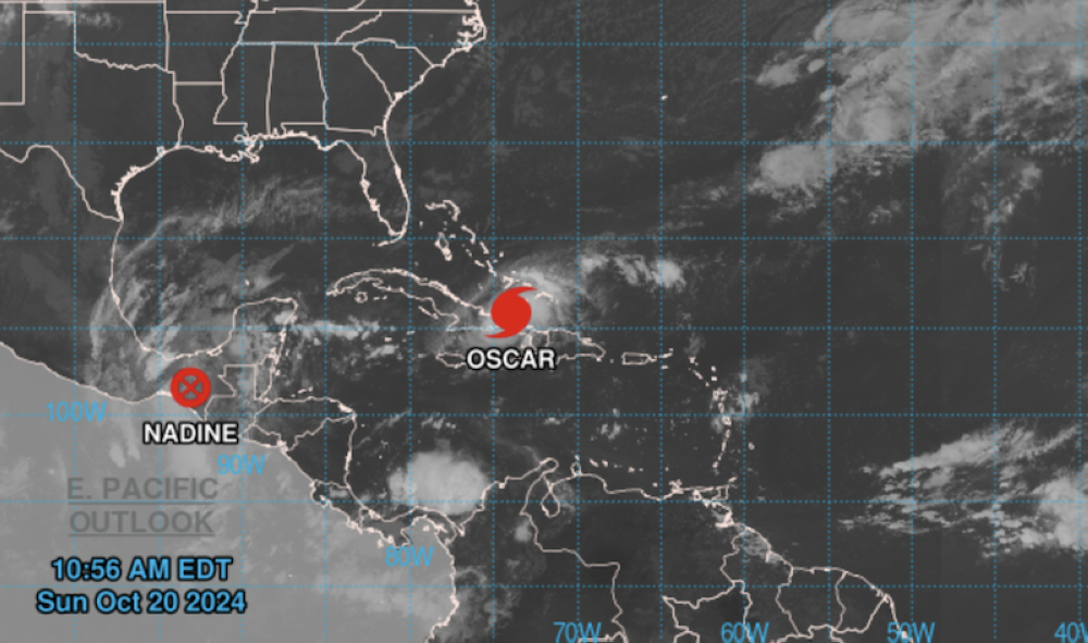 Gráfico del Centro Nacional de Huracanes que muestran el huracán Óscar y la depresión tropical Nadine.,image_description: