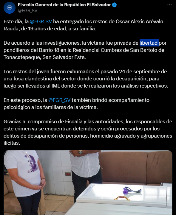 La FGR informó de la entrega de los restos del joven Óscar Alexis Arévalo Rauda.