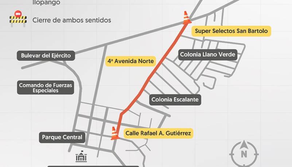 Mapa del cierre en la avenida principal en Ilopango por cambio de tubería.,image_description: