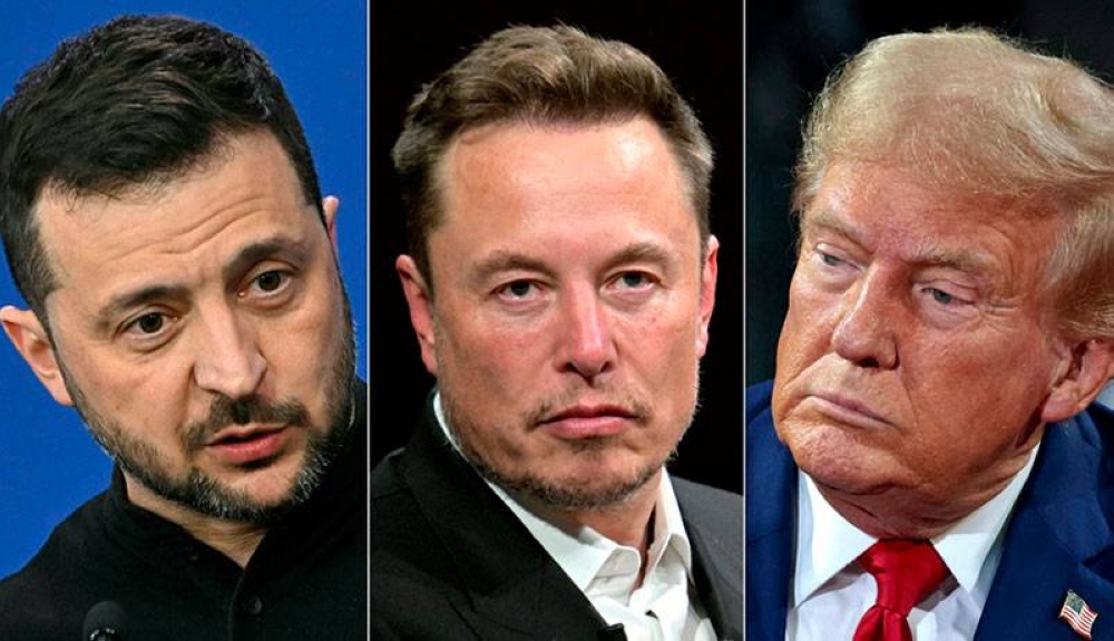 De izquierda a derecha: el presidente ucraniano, Volodimir Zelenski el multimillonario, Elon Musk y el presidente electo de EEUU, Donald Trump. / AFP,image_description: