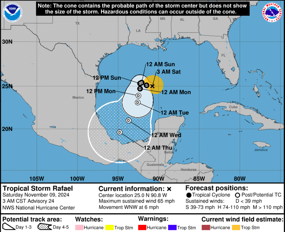 Recorrido previsto de la tormenta tropical Rafael según el Centro de Huracanes de Miami, Florida.