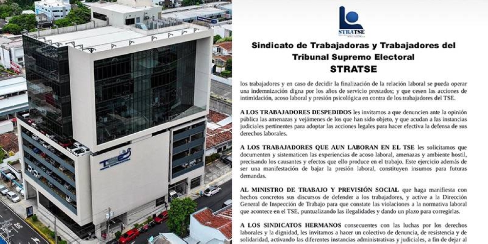 El sindicato exhortó al Ministerio de Trabajo a realizar una inspección de las denuncias de despidos dentro del TSE.,image_description: