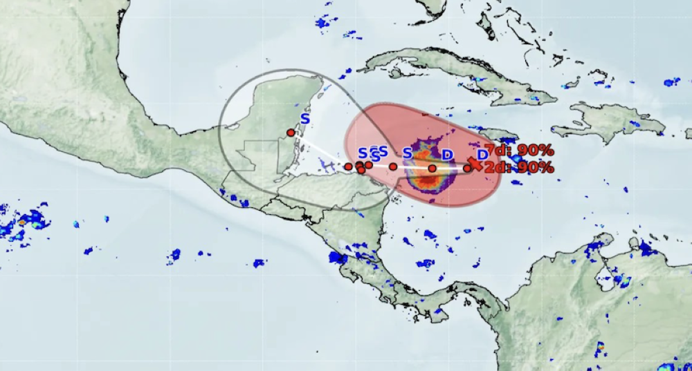 Este gráfico divulgado por el Ministerio de Medio Ambiente muestra la posible trayectoria del ciclón tropical 19.,image_description: