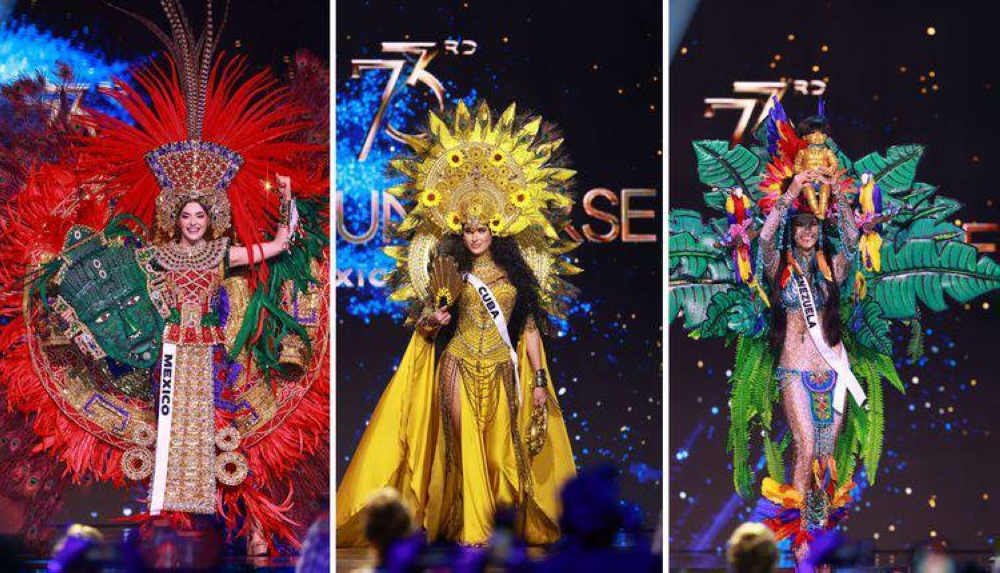 Miss México, Fernanda Beltrán Miss Cuba, Marianela Ancheta y Miss Venezuela, Ileana Márquez durante el desfile de trajes típicos.n,image_description: