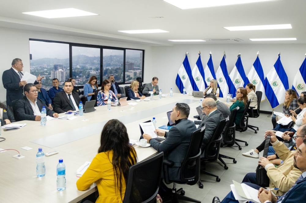 Magistrados del TSE en reuniou0301n con directores de la Junta de Vigilancia Electoral JVE este martes. / TSEElSalvador.,image_description: