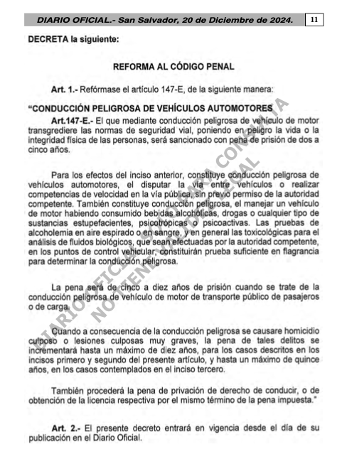 Nuevo delito de conducción peligrosa según reforma aprobada el 20 de diciembre y publicada en el Diario Oficial el 28 de diciembre con fecha 20 de diciembre.