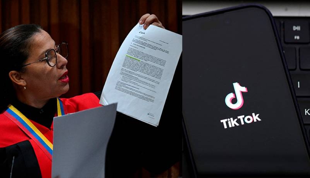 tik La segunda vicepresidenta del Tribunal Supremo de Justicia TSJ de Venezuela, Tania D039Amelio, habla sobre la multa impuesta a la red social TikTok en el edificio del TSJ en Caracas este 30 de diciembre de 2024. /AFP,image_description: