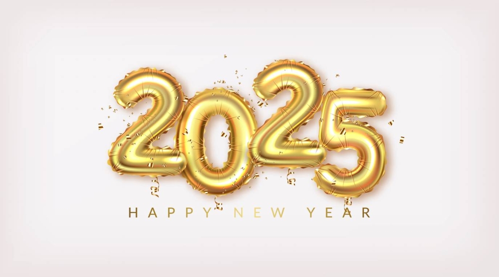 Agrega estas elegantes melodías a tu playlist y fiestas de fin de año.,image_description:Happy New Year 2025 greeting card. Golden realistic balloons numbers with shadow.