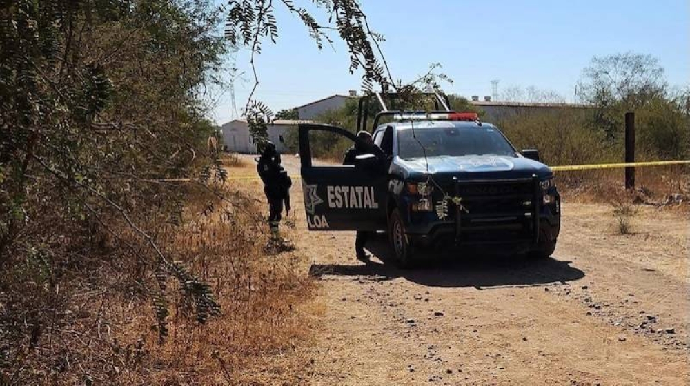 Una patrulla policial rodea la zona donde tres hombres localizados sin vida el 1 de enero del 2025, en la carretera La 20 al sur de Culiacán.nn,image_description: