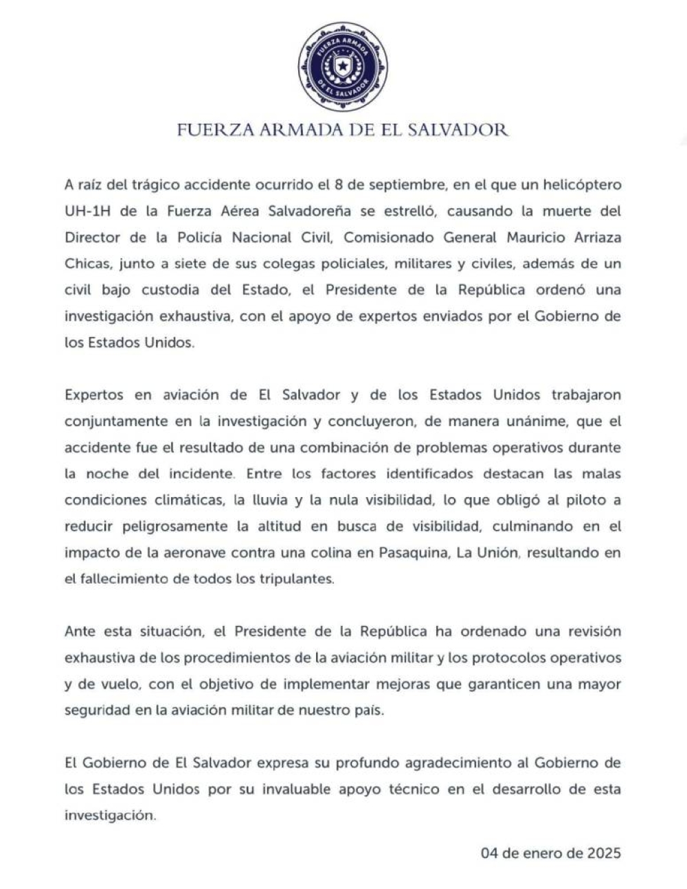 Comunicado publicado por la Fuerza Armada el 4 de enero de 2025 sobre los resultados de la investigación. 