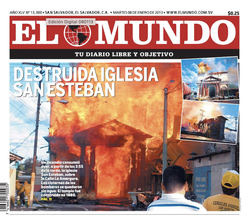 Portada de Diario El Mundo del 8 de enero de 2013, con la foto de la Iglesia San Esteban incendiada.