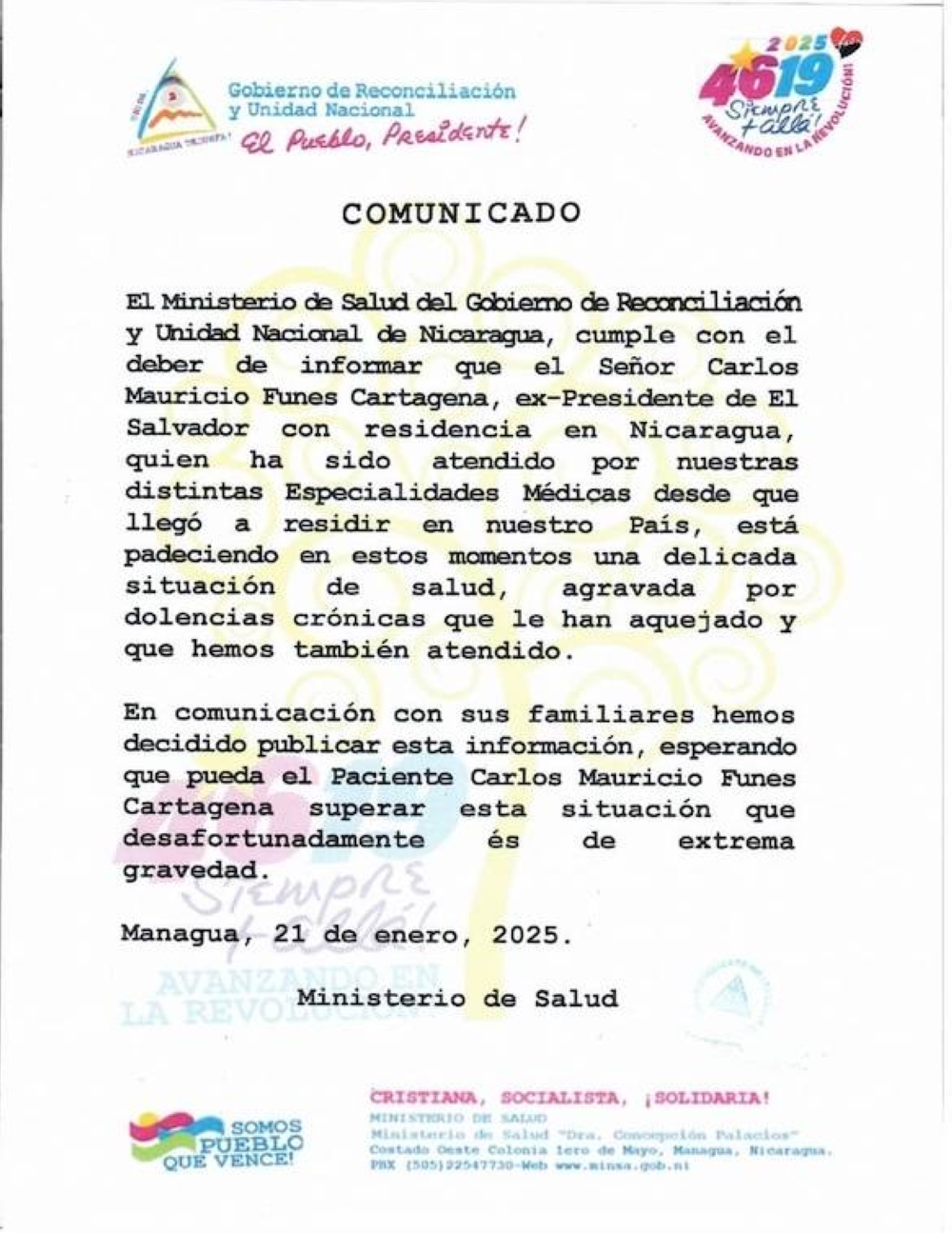 Comunicado del Gobierno de Nicaragua sobre el estado de salud de Mauricio Funes.