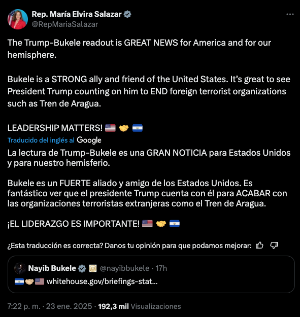 María Elvira Salazar, congresista republicana, asume la colaboración entre Trump y Bukele tras la llamada que ambos sostuvieron el 23 de enero.